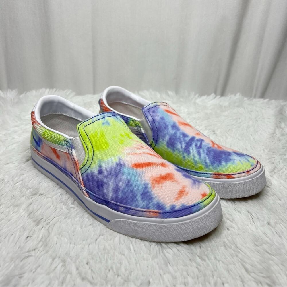 NIKE / Court Legacy green purple orange tie dye slip on sneakers / 8.5
